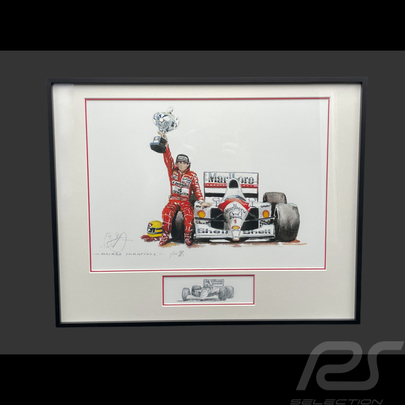 Ayrton Senna Frame McLaren MP4/4 Brazilian GP 1988 F1 Black Wooden Frame with Sketch 40 x 50 cm - Uli Ehret