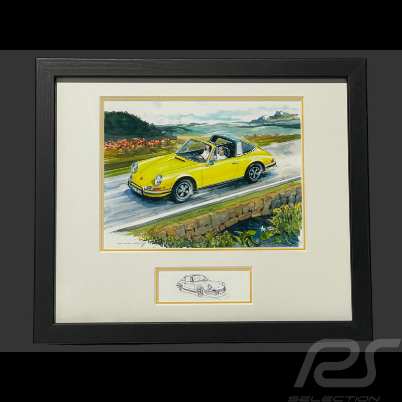 Porsche Rahmen 911 Targa Gelb 1973 Schwarzer Holzrahmen 25 x 30 cm - Uli Ehret