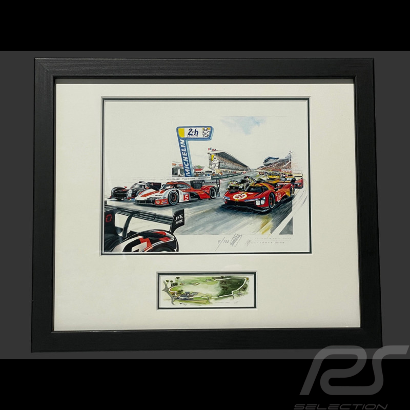 Porsche Frame 963 Penske n° 5 / Ferrari 499P n° 50 24H Le Mans 2023 Black Wooden Frame with Sketch 25 x 30 cm - Uli Ehret