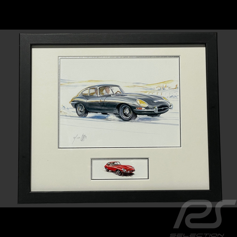 Cadre Jaguar Type E Série 1 1961 Cadre en Bois Noir avec esquisse 25 x 30 cm - Uli Ehret