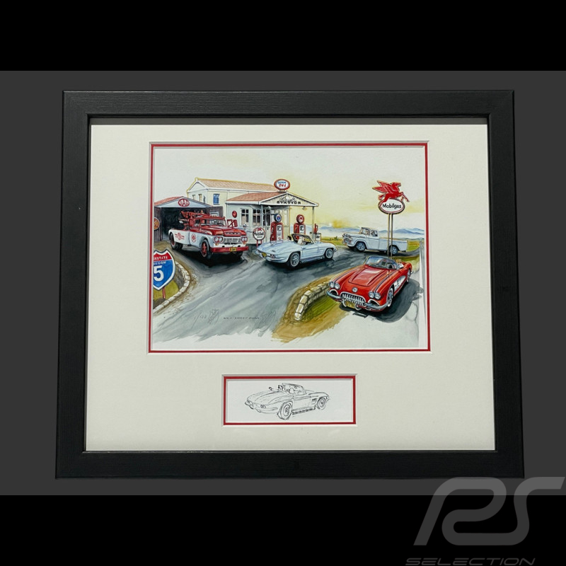 Chevrolet Rahmen Corvette C1 / C2 Stingray / Ford Abschleppwagen und LKW Schwarzer Holzrahmen mit Skizze 25 x 30 cm - Uli Ehret