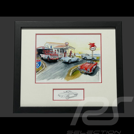 Chevrolet Rahmen Corvette C1 / C2 Stingray / Ford Abschleppwagen und LKW Schwarzer Holzrahmen mit Skizze 25 x 30 cm - Uli Ehret