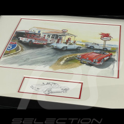 Chevrolet Rahmen Corvette C1 / C2 Stingray / Ford Abschleppwagen und LKW Schwarzer Holzrahmen mit Skizze 25 x 30 cm - Uli Ehret