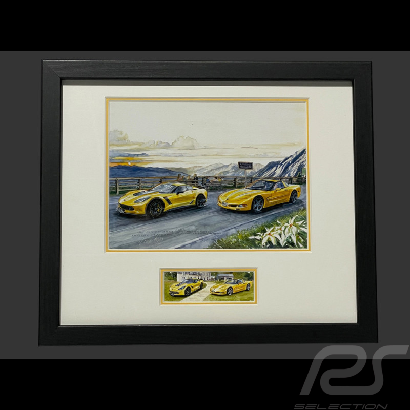 Chevrolet Rahmen Corvette C7 Z06 / Corvette C5 Schwarzer Holzrahmen mit Skizze 25 x 30 cm - Uli Ehret