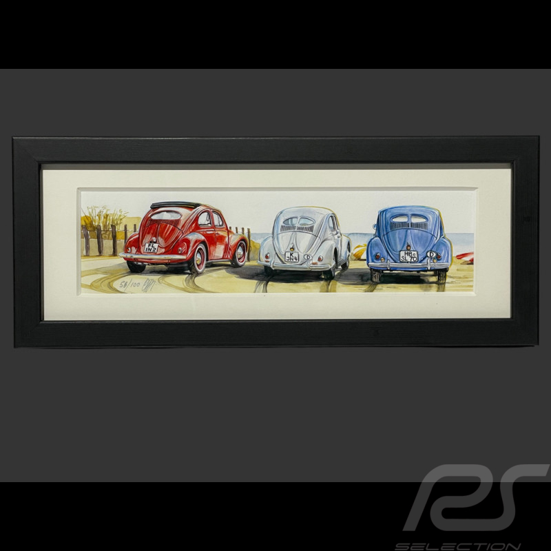 Cadre Trio Volkswagen Coccinelle Les Choses Simples Cadre en Bois Noir 38 x 15 cm - Uli Ehret