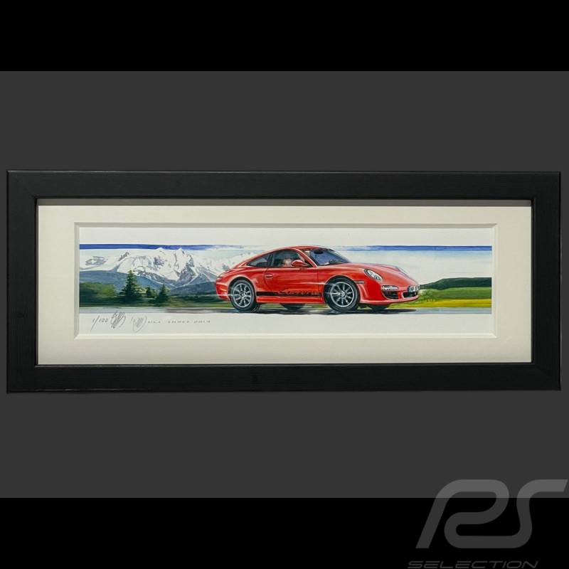 Porsche Rahmen 911 Carrera Typ 997 Alpen Schwarzer Holzrahmen 38 x 15 cm - Uli Ehret