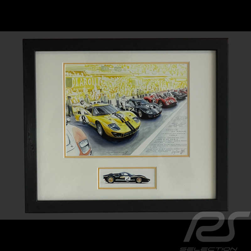 Ford Rahmen GT40 Mk.II Nr. 2 "Der Moment der Wahrheit" 24h Le Mans 1966 Schwarzer Holzrahmen mit Skizze 25 x 30 cm - Uli Ehret