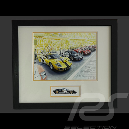 Cadre Ford GT40 Mk.II n° 2 "Moment de Vérité" 24h Le Mans 1966 Cadre en Bois Noir avec esquisse 25 x 30 cm - Uli Ehret