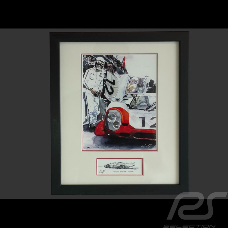 Porsche Rahmen 917 LH n° 12 24h Le Mans 1969 Schwarzer Holzrahmen mit Skizze 25 x 30 cm - Uli Ehret