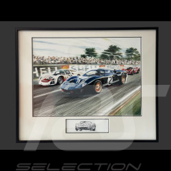 Ford Rahmen GT40 n° 2 / Porsche 906/6L n° 31 24h Le Mans 1966 Schwarzer Holzrahmen mit Skizze 40 x 50 cm - Uli Ehret