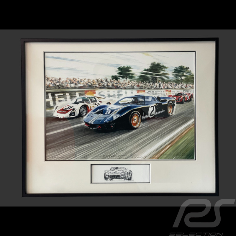 Cadre Ford GT40 n° 2 / Porsche 906/6L n° 31 24h Le Mans 1966 Cadre en Bois Noir avec Esquisse 40 x 50 cm - Uli Ehret