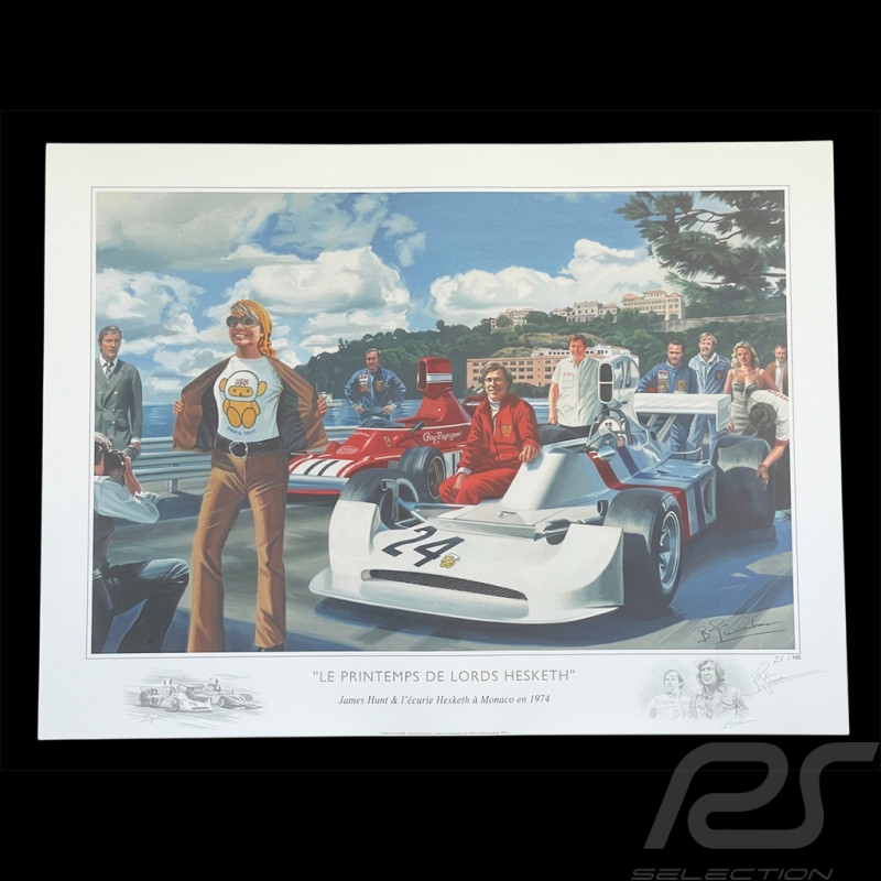 Poster Le Printemps de Lord Hesketh James Hunt Monaco GP 1974 100 x 70 cm Original Drawing by Benjamin Freudenthal
