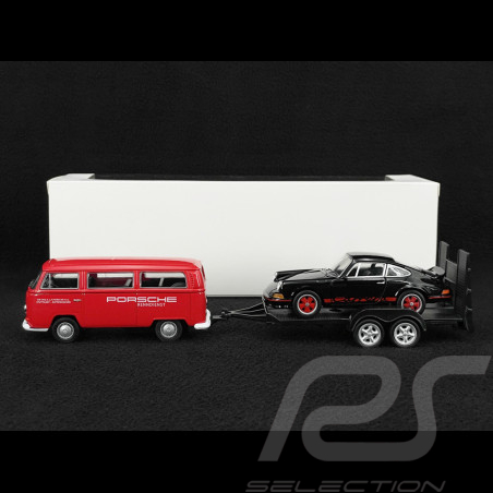 Set Porsche 911 Carrera RS 2.7 1973 on Trailer and Volkswagen T2 Combi 1/38 Welly MAP01023025