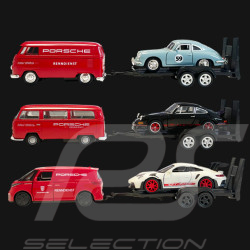 Trio Set Porsche 356 / 911 Carrera RS 2.7 et 911 GT3 RS Type 992 2023 sur remorque avec Combi Volkswagen 1/38 Welly