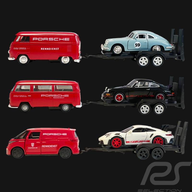 Trio Set Porsche 356 / 911 Carrera RS 2.7 et 911 GT3 RS Type 992 2023 sur remorque avec Combi Volkswagen 1/38 Welly
