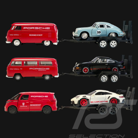 Trio Set Porsche 356 / 911 Carrera RS 2.7 et 911 GT3 RS Type 992 2023 sur remorque avec Combi Volkswagen 1/38 Welly