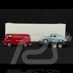 Trio Set Porsche 356 / 911 Carrera RS 2.7 et 911 GT3 RS Type 992 2023 sur remorque avec Combi Volkswagen 1/38 Welly