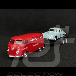 Trio Set Porsche 356 B 1961 / 911 Carrera RS 2.7 1973 and 911 GT3 RS 2023 on trailer with Volkswagen Combi 1/38 Welly