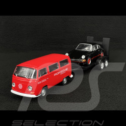 Trio Set Porsche 356 / 911 Carrera RS 2.7 et 911 GT3 RS Type 992 2023 sur remorque avec Combi Volkswagen 1/38 Welly