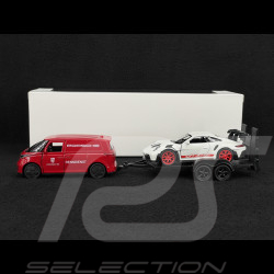 Duo Porsche 356 / 911 Carrera RS 2.7 1973 und 911 GT3 RS 2023 im auf einem Anhänger mit einem Volkswagen Combi 1/38 Welly