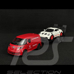 Trio Set Porsche 356 / 911 Carrera RS 2.7 et 911 GT3 RS Type 992 2023 sur remorque avec Combi Volkswagen 1/38 Welly