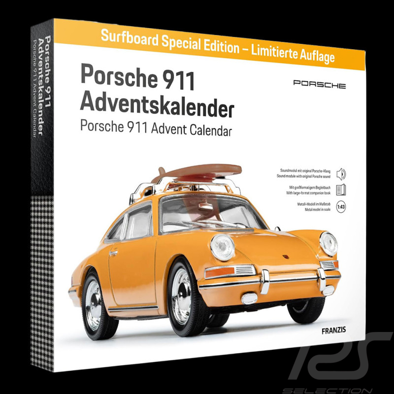 Calendrier de l'Avent Porsche 911 Type 901 1963 avec Planche de Surf Jaune Champagne 1/43 Franzis 67263