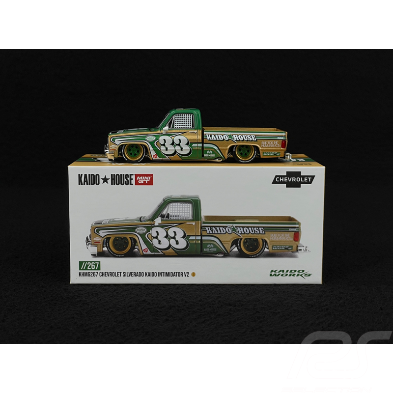 Chevrolet Silverado Kaido Intimidator V2 1980 Kaido House Beige / Grün 1/64 Mini GT KHMG267