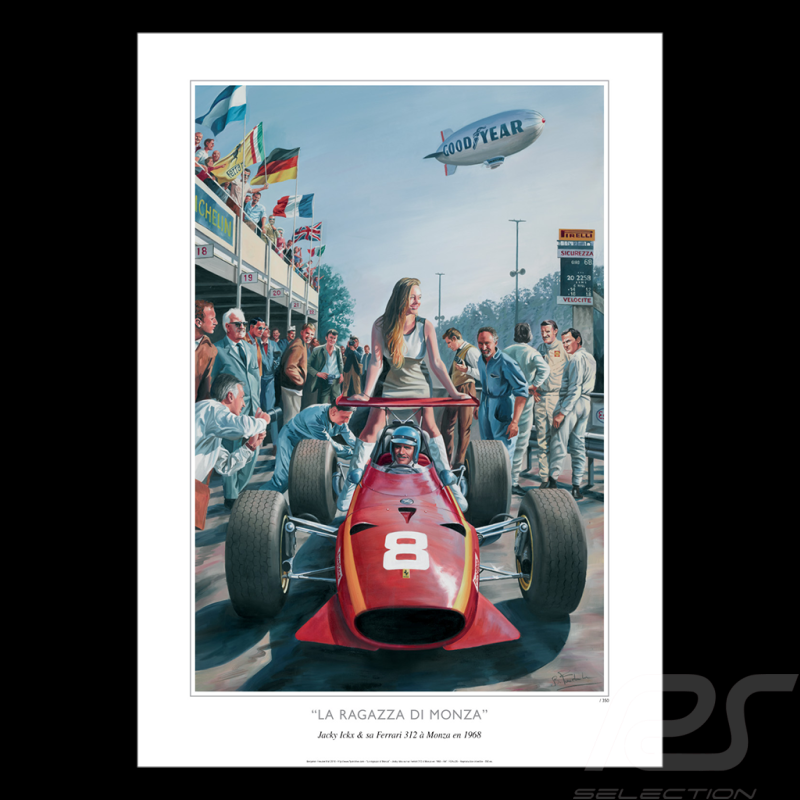 Affiche "La Ragazza di Monza" Jacky Ickx Monza 1968 dessin original de Benjamin Freudenthal