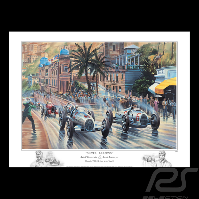 Affiche "Silver Arrows" Caracciola Rosemeyer GP Monaco 1936 80 x 60 cm dessin original de Benjamin Freudenthal