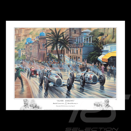 Poster "Silberpfeile" Caracciola Rosemeyer GP Monaco 1936 80 x 60 cm Originalzeichnung von Benjamin Freudenthal