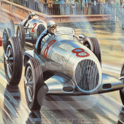 Poster "Silver Arrows" Caracciola Rosemeyer GP Monaco 1936 80 x 60 cm original drawing by Benjamin Freudenthal