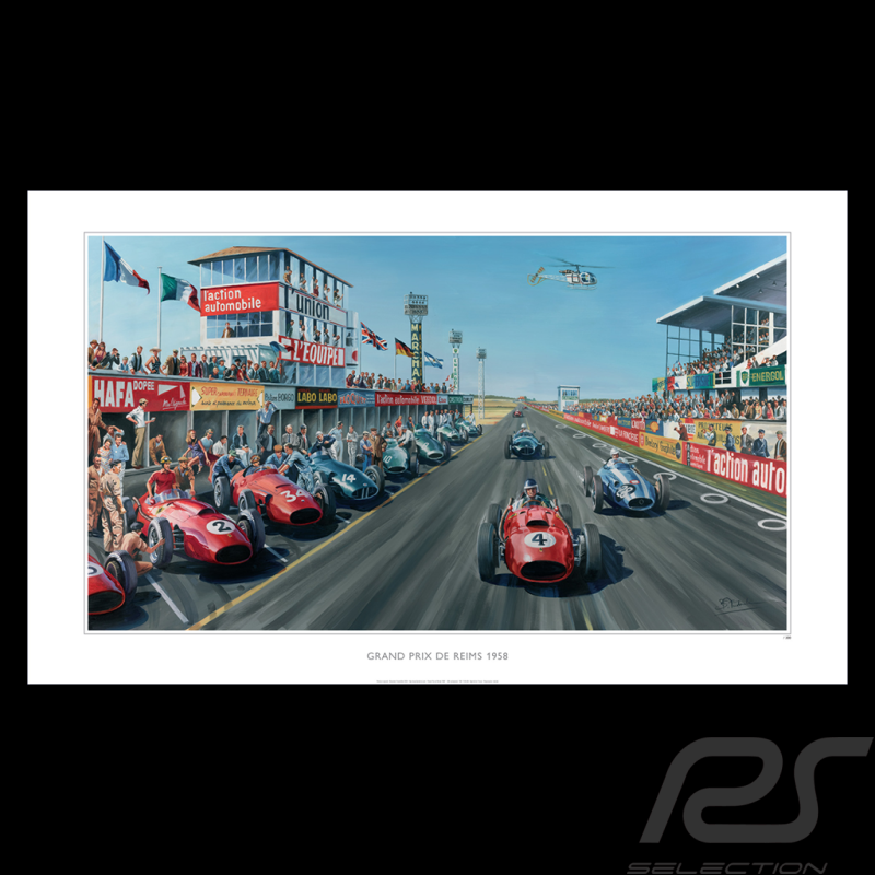 Affiche "Grand Prix de Reims 1958" Mike Hawthorn 100 x 50 cm dessin original de Benjamin Freudenthal