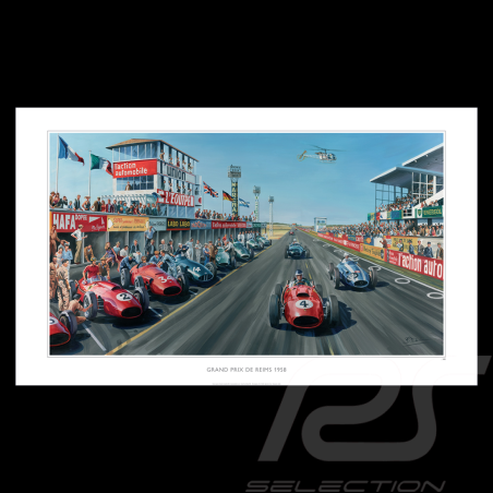 Affiche "Grand Prix de Reims 1958" Mike Hawthorn 100 x 50 cm dessin original de Benjamin Freudenthal