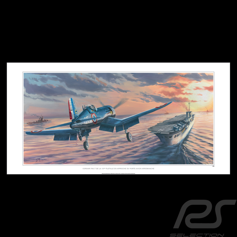 Affiche "Corsair F4U-7 en approche du Porte-Avion Arromanche" 100 x 50 cm dessin original de Benjamin Freudenthal