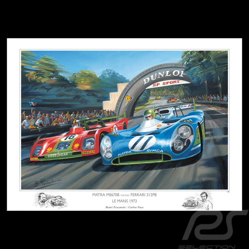 Poster Matra MS670 / Ferrari 312 PB 24h Le Mans 1973 80 x 60 cm Originalzeichnung von Benjamin Freudenthal