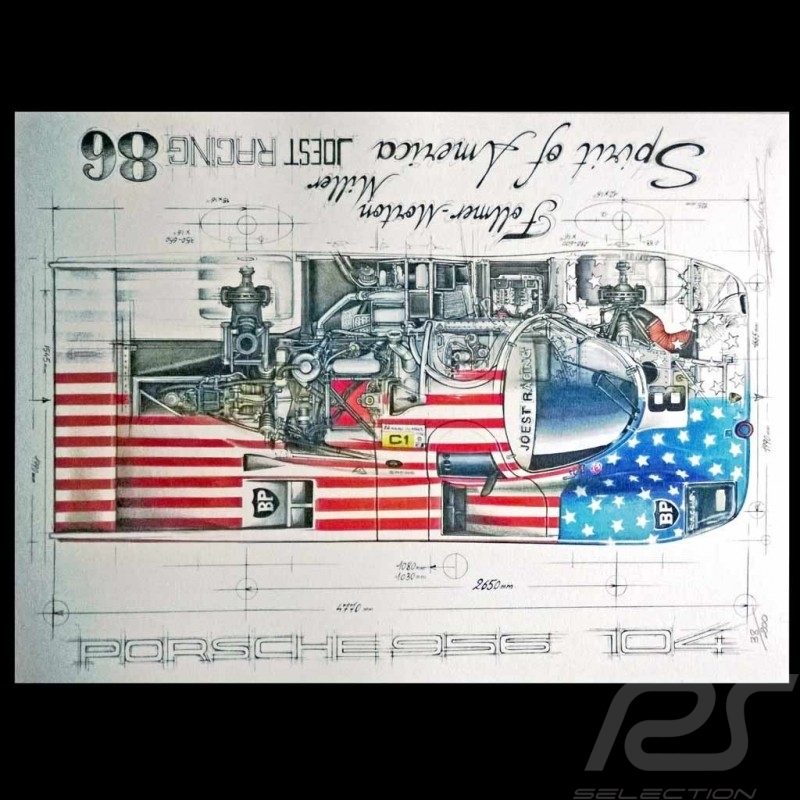 Porsche Porsche 956 Spirit of America 1986 Original Zeichnung von Sébastien Sauvadet Porsche Porsche 956 Spirit of America 1986 Original Zeichnung von Sébastien Sauvadet