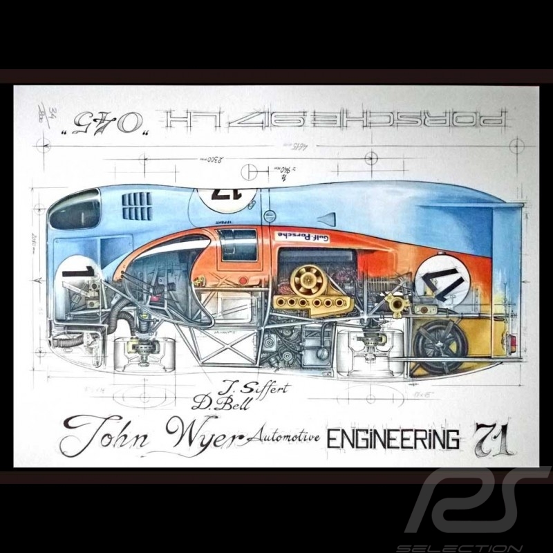 Porsche 917 LH Gulf JWA n° 17 Le Mans 1971 Original Zeichnung von Sébastien Sauvadet Porsche 917 LH Gulf JWA n° 17 Le Mans 1971 Original Zeichnung von Sébastien Sauvadet