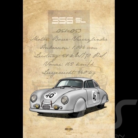 Affiche Porsche 356 SL imprimée sur plaque Aluminium Dibond 40 x 60 cm Helge Jepsen poster plate Plakat Drückplatte 