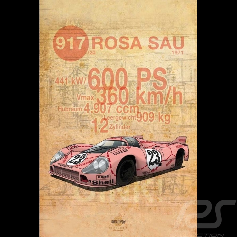 Porsche 917 K Martini Racing 1971 reproduction d'un dessin original de Sébastien Sauvadet