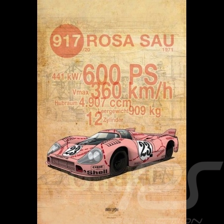 Poster Porsche 917 Pink Pig printed on Aluminium Dibond plate 40 x 60 cm Helge Jepsen