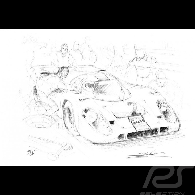Porsche 917 K Martini Racing 1971 reproduction d'un dessin original de Sébastien Sauvadet