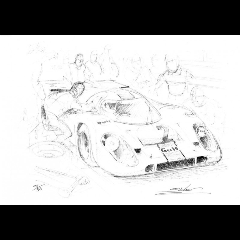 Gulf Rabbit Car Drawing Porsche 917 Gulf n° 2 original drawing by Sébastien Sauvadet