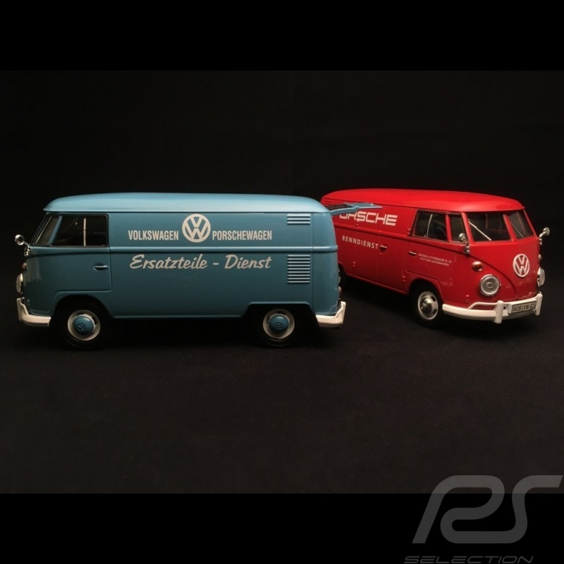 Duo VW combi T1 transporteur Carrier Träger Porsche rouge et bleu red and blue rot und blau 1/24 Motormax 795574 et 795567