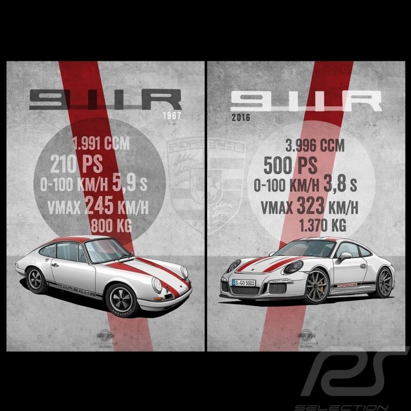 Duo Plakat Porsche 911 R 1967 und Porsche 911 R 2016 Drückplatte auf Aluminium Dibond 40 x 60 cm Helge Jepsen