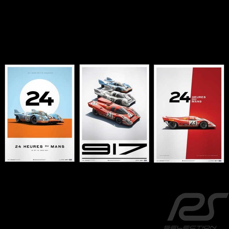 Set 3 Porsche Poster Affiches Plakat 917 K Le Mans 1970 1971 n° 19 n° 22 n° 23
