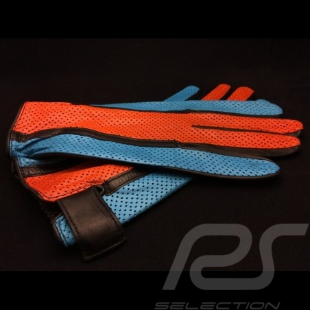 Gants de conduite Gulf Racing cuir orange et bleu Driving Gloves orange and blue leather Fahren Handschuhe Leder orange und blau