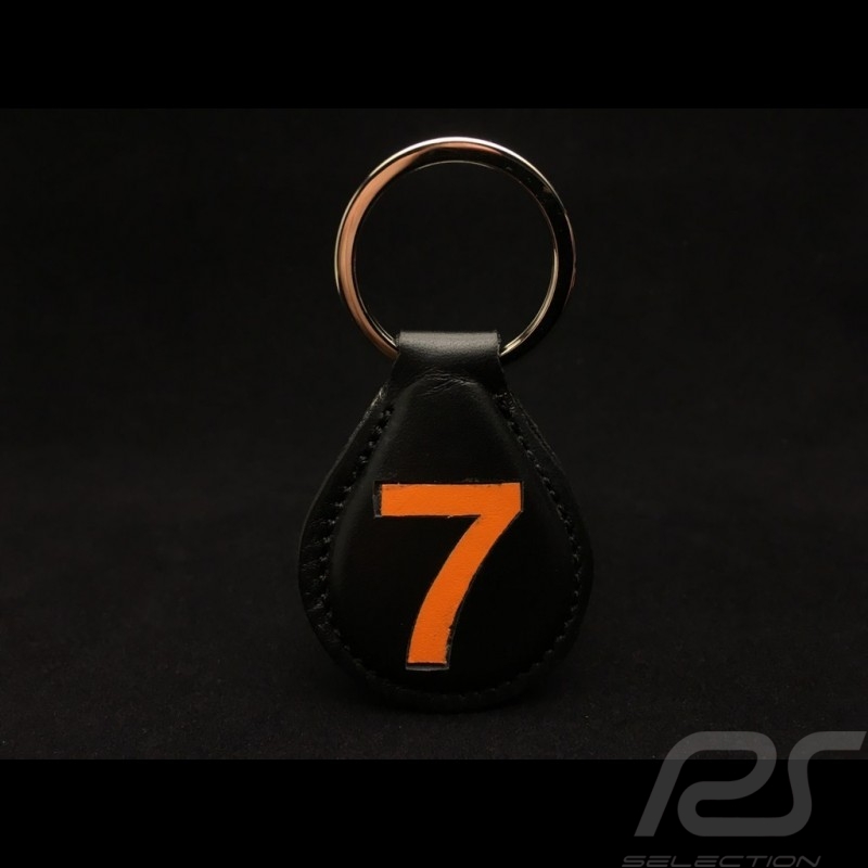 Schlüsselanhänger Racing  schwarze Lederplatte n° 7 orange