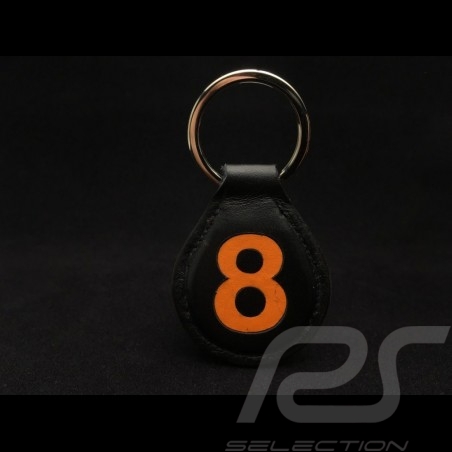Gulf Porte-clés racing cuir noir n° 8 orange Keyring black leather Schlüsselanhänger schwarze Lederplatte