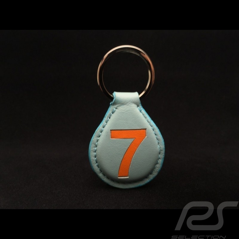 Schlüsselanhänger Racing  blaue Lederplatte n° 7 orange