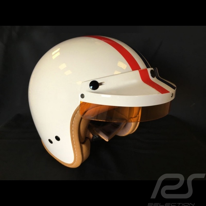 Helm Steve McQueen Elfenbein rote und blaue Streifen Helm Steve McQueen Elfenbein rote und blaue Streifen
